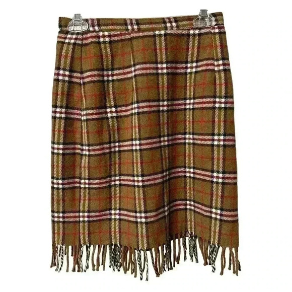 Reclaimed Vintage Brown and Red Wool Plaid Scarf Skirt Size 6P High Waist - Picture 1 of 6